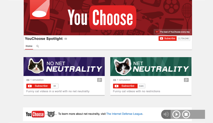 Screenshot of YouChoose opening scene, with two user options: "No net neutrality" and "Net nuetrality"