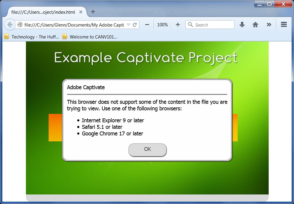 Captivate support warning for FireFox